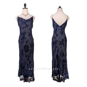 Vintage Velvet Burnout Maxi Dress Prom Gown 4P Blue Y2K 90s Goth Grunge Floral